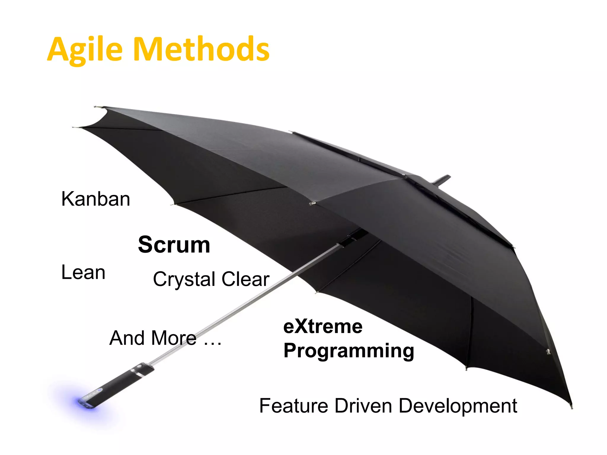 Agile Methods


Kanban

         Scrum
Lean      Crystal Clear

                          eXtreme
       And More …
                          Programming

                     Feature Driven Development
 