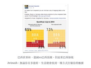 巴西世界杯、︑德國vs巴西預測，但結果巴西慘敗
Avinash : 無論你有多能幹，⽣生活總會找到⼀一種⽅方式打臉你的數據
 