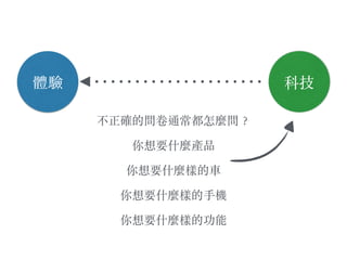 體驗
不正確的問卷通常都怎麼問︖？
你想要什麼產品
你想要什麼樣的⾞車
你想要什麼樣的⼿手機
你想要什麼樣的功能
科技
 