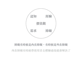 障礙有時候是內在障礙，有時候是外在障礙
內在障礙有時候帶使⽤用者去體驗過後就會解決了
認知 經驗
需求
價值觀
障礙
 