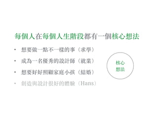 每個⼈人在每個⼈人⽣生階段都有⼀一個核⼼心想法
• 想要做⼀一點不⼀一樣的事（求學）
• 成為⼀一名優秀的設計師（就業）
• 想要好好照顧家庭⼩小孩（結婚）
• 創造與設計很好的體驗（Hans）
核⼼心
想法
 