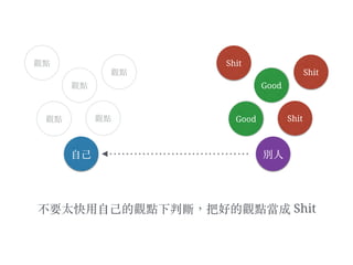 ⾃自⼰己
觀點 觀點
觀點
觀點
觀點
不要太快⽤用⾃自⼰己的觀點下判斷，把好的觀點當成 Shit
別⼈人
Good Shit
Good
Shit
Shit
 