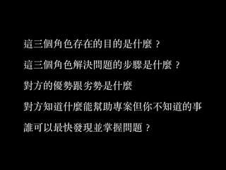 這三個角⾊色存在的⽬目的是什麼︖？
這三個角⾊色解決問題的步驟是什麼︖？
對⽅方的優勢跟劣勢是什麼
對⽅方知道什麼能幫助專案但你不知道的事
誰可以最快發現並掌握問題︖？
 