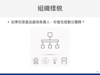組織樣貌
• 如果你是產品最⾼高負責⼈人，你會怎麼劃分團隊？
10
 