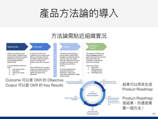 產品⽅方法論的導入
27
⽅方法論需貼近組織實況
Outcome 可以是 OKR 的 Objective
Output 可以是 OKR 的 Key Results 結果可以⽤用來來⽣生成
Product Roadmap
Product Roadmap
是結果，你還是需
要⼀一個⽅方法！
 