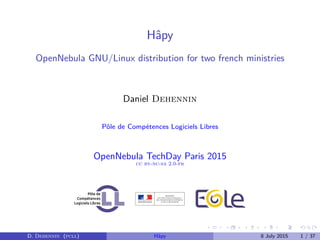 .
.
.
.
.
.
.
.
.
.
.
.
.
.
.
.
.
.
.
.
.
.
.
.
.
.
.
.
.
.
.
.
.
.
.
.
.
.
.
.
Hâpy
OpenNebula GNU/Linux distribution for two french ministries
Daniel Dehennin
Pôle de Compétences Logiciels Libres
OpenNebula TechDay Paris 2015
cc by-nc-sa 2.0-fr
D. Dehennin (pcll) Hâpy 8 July 2015 1 / 37
 