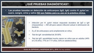 • Las pruebas basadas en detección de anticuerpos (IgG, IgA) contra H. pylori en
suero, sangre, orina y saliva NO son fiab...