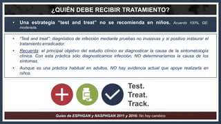 • Una estrategia “test and treat” no se recomienda en niños. Acuerdo 100%. GE:
moderada.
Guías de ESPHGAN y NASPHGAN 2011 ...