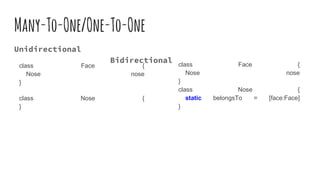 Many-To-One/One-To-One
Unidirectional
Bidirectional
class Face {
Nose nose
}
class Nose {
}
class Face {
Nose nose
}
class Nose {
static belongsTo = [face:Face]
}
 