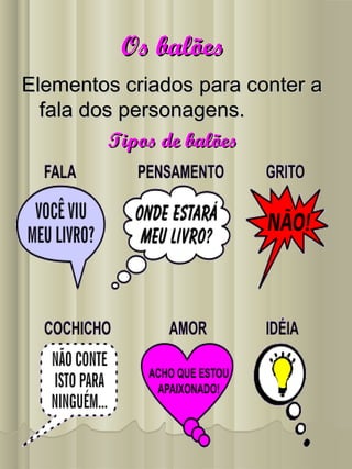 Os balõesOs balões
Elementos criados para conter aElementos criados para conter a
fala dos personagens.fala dos personagens.
Tipos de balõesTipos de balões
 