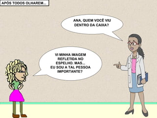 APÓS TODOS OLHAREM... ANA, QUEM VOCÊ VIU DENTRO DA CAIXA?   VI MINHA IMAGEM REFLETIDA NO ESPELHO. MAS... EU SOU A TAL PESSOA IMPORTANTE?  