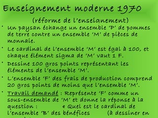 Enseignement moderne 1970  (réforme de l’enseignement) Un paysan échange un ensemble ‘P’ de pommes de terre contre un ensemble ‘M’ de pièces de monnaie. Le cardinal de l’ensemble ‘M’ est égal à 100, et chaque élément sigma de ‘M’ vaut 1 F.  Dessine 100 gros points représentant les éléments de l’ensemble ‘M’.  L’ensemble ‘F’ des frais de production comprend 20 gros points de moins que l’ensemble ‘M’. Travail demandé  : Représente ‘F’ comme un sous-ensemble de ‘M’ et donne la réponse à la question :  « Quel est le cardinal de l’ensemble ‘B’ des bénéfices  (à dessiner en rouge) ? 
