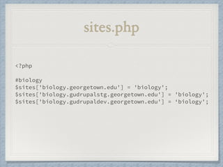 sites.php 
<?php 
#biology 
$sites['biology.georgetown.edu'] = 'biology'; 
$sites['biology.gudrupalstg.georgetown.edu'] = 'biology'; 
$sites['biology.gudrupaldev.georgetown.edu'] = ‘biology'; 
 
