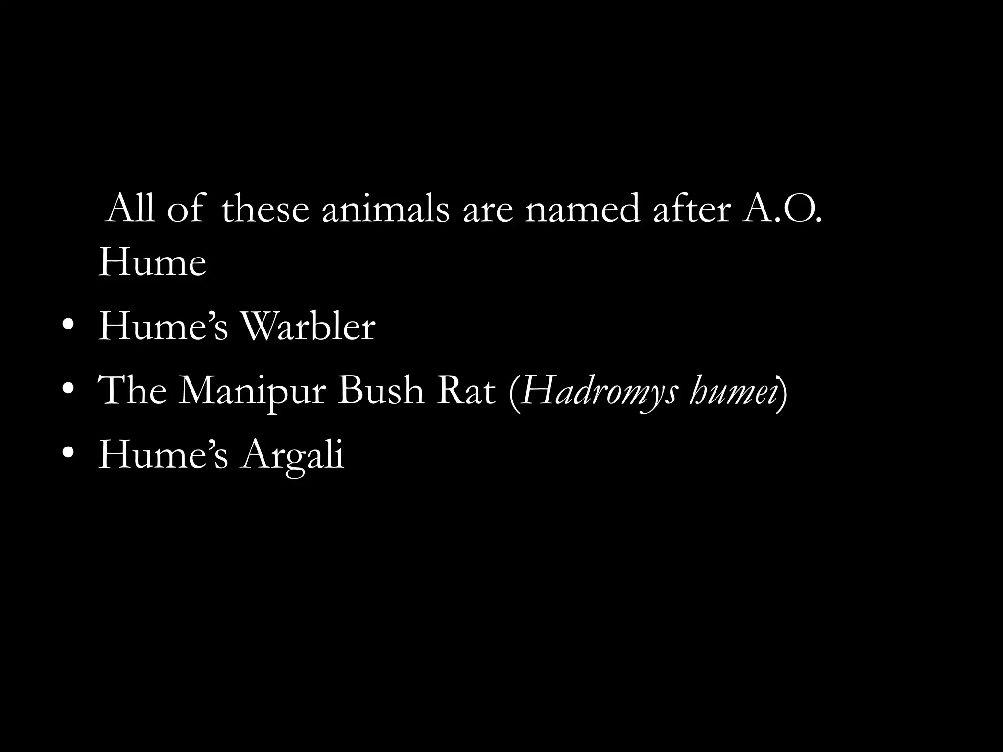 All of these animals are named after A.O.
  Hume
• Hume’s Warbler
• The Manipur Bush Rat (Hadromys humei)
• Hume’s Argali
 