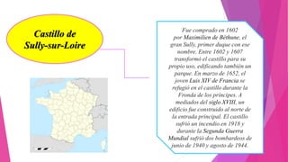 Castillo de
Sully-sur-Loire
Fue comprado en 1602
por Maximilien de Béthune, el
gran Sully, primer duque con ese
nombre. Entre 1602 y 1607
transformó el castillo para su
propio uso, edificando también un
parque. En marzo de 1652, el
joven Luis XIV de Francia se
refugió en el castillo durante la
Fronda de los príncipes. A
mediados del siglo XVIII, un
edificio fue construido al norte de
la entrada principal. El castillo
sufrió un incendio en 1918 y
durante la Segunda Guerra
Mundial sufrió dos bombardeos de
junio de 1940 y agosto de 1944.
 