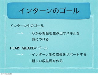インターンのゴール
          インターン生のゴール

                 ・０からお金を生み出すスキルを
                  身につける

          HEART QUAKEのゴール
                 ・インターン生の成長をサポートする
                 ・新しい収益源を作る


2012年2月25日土曜日
 