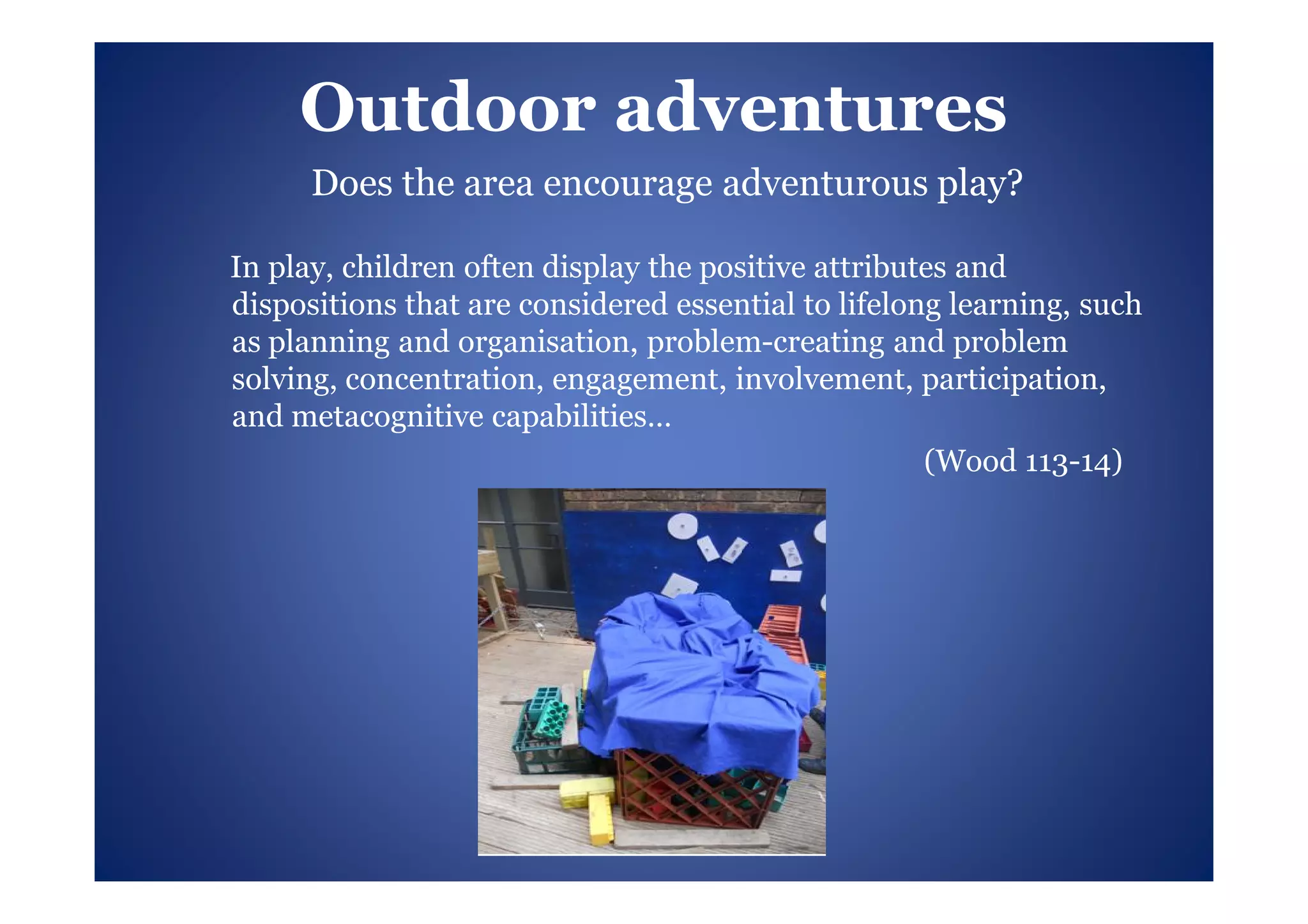 Outdoor adventures
      Does the area encourage adventurous play?

In play, children often display the positive attributes and
dispositions that are considered essential to lifelong learning, such
as planning and organisation, problem-creating and problem
solving, concentration, engagement, involvement, participation,
and metacognitive capabilities…
                                                     (Wood 113-14)
 