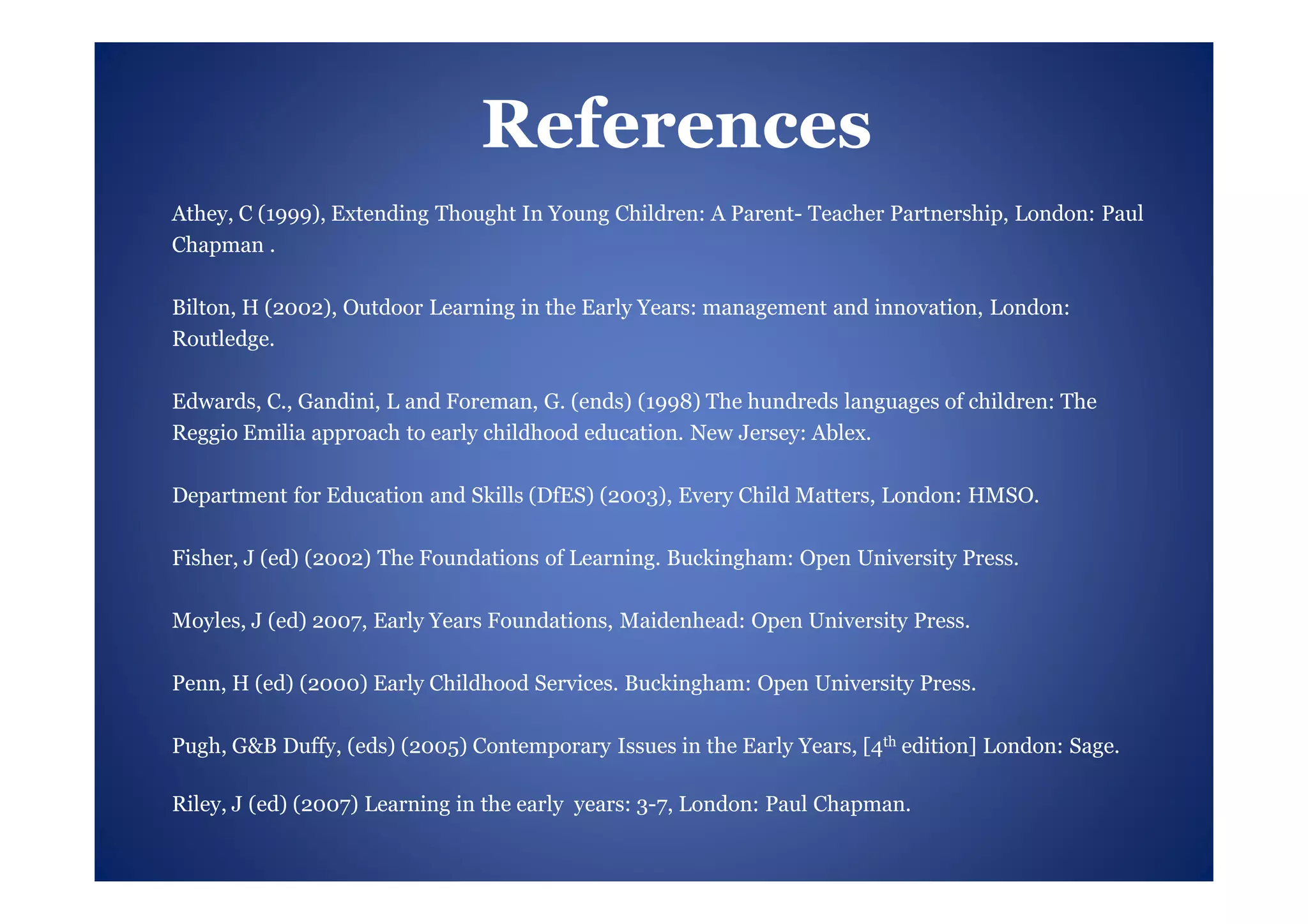 References
Athey, C (1999), Extending Thought In Young Children: A Parent- Teacher Partnership, London: Paul
Chapman .

Bilton, H (2002), Outdoor Learning in the Early Years: management and innovation, London:
Routledge.

Edwards, C., Gandini, L and Foreman, G. (ends) (1998) The hundreds languages of children: The
Reggio Emilia approach to early childhood education. New Jersey: Ablex.

Department for Education and Skills (DfES) (2003), Every Child Matters, London: HMSO.

Fisher, J (ed) (2002) The Foundations of Learning. Buckingham: Open University Press.

Moyles, J (ed) 2007, Early Years Foundations, Maidenhead: Open University Press.

Penn, H (ed) (2000) Early Childhood Services. Buckingham: Open University Press.

Pugh, G&B Duffy, (eds) (2005) Contemporary Issues in the Early Years, [4th edition] London: Sage.

Riley, J (ed) (2007) Learning in the early years: 3-7, London: Paul Chapman.
 