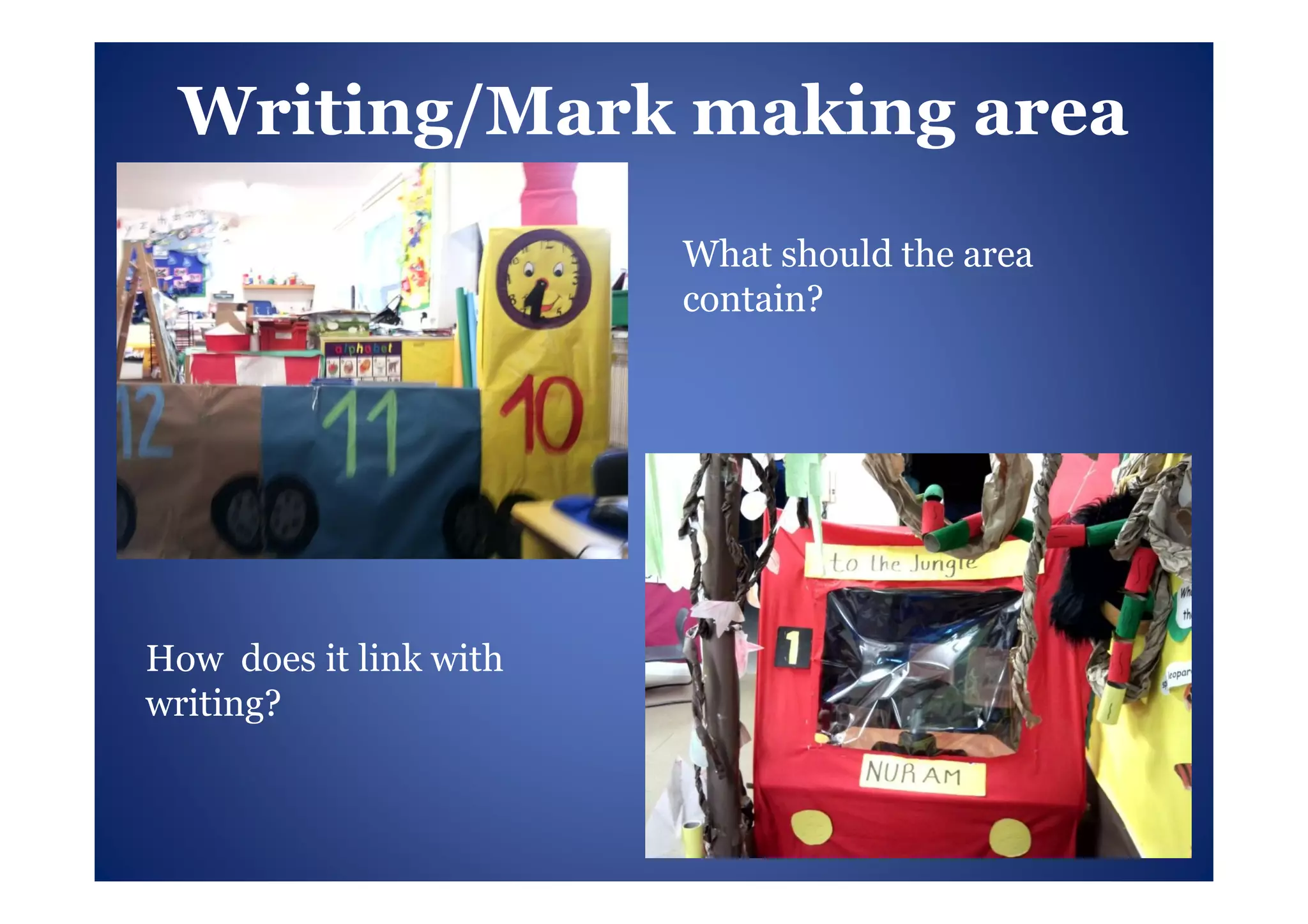 Writing/Mark making area
                        What should the area
                        contain?




How does it link with
writing?
 