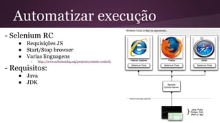Automatizar execução
- Selenium RC
● Requisições JS
● Start/Stop browser
● Varias linguagens
o http://www.seleniumhq.org/projects/remote-control/
- Requisitos:
● Java
● JDK
 