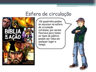 Esfera de circulação
Os quadrinho podem
se encaixar na esfera
de circulação
cotidiana, por serem
flexíveis para todos
os tipos de público
podem ser lidos em
qualquer lugar e
tempo.
 