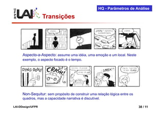 U                                                     HQ - Parâmetros de Análise
F
P
R                  Transições




      Aspecto-a-Aspecto: assume uma idéia, uma emoção e um local. Neste
      exemplo, o aspecto focado é o tempo.




      Non-Sequitur: sem propósito de construir uma relação lógica entre os
      quadros, mas a capacidade narrativa é discutível.

LAI-DDesign/UFPR                                                             38 / 11
 