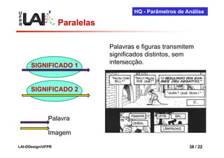 U                                      HQ - Parâmetros de Análise
F
P
R                  Paralelas

                               Palavras e figuras transmitem
                               significados distintos, sem
                               intersecção.
      SIGNIFICADO 1


      SIGNIFICADO 2



              Palavra

              Imagem

LAI-DDesign/UFPR                                           38 / 22
 