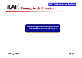 U                                     HQ - Parâmetros de Análise
F
P
R                  Formação da Emoção




                      Linhas-Movimento-Emoção




LAI-DDesign/UFPR                                          38 / 25
 