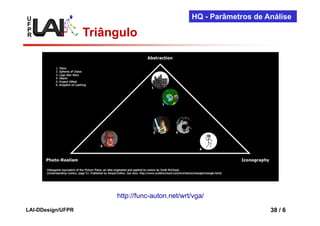 U                                                HQ - Parâmetros de Análise
F
P
R                  Triângulo




                        http://func-auton.net/wrt/vga/

LAI-DDesign/UFPR                                                     38 / 6
 