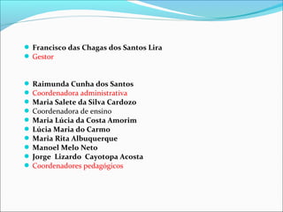  Francisco das Chagas dos Santos Lira
 Gestor
 Raimunda Cunha dos Santos
 Coordenadora administrativa
 Maria Salete da Silva Cardozo
 Coordenadora de ensino
 Maria Lúcia da Costa Amorim
 Lúcia Maria do Carmo
 Maria Rita Albuquerque
 Manoel Melo Neto
 Jorge Lizardo Cayotopa Acosta
 Coordenadores pedagógicos
 