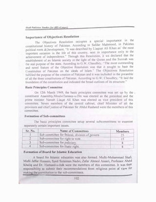 I/mil Pukiwm Stutlit:. or (BS-4 •eun)
Importance of Objectives Resolution
Ihe ObJecttves Resolution occupies a special importan�c in the
wnstituuonal history of Pakistan According to Safdar M�ood. m_
Pakistan
political roots &Declopmcnt. ··It was described by L1a�u�t Ali Khan as t�e most
important occasion 111 the life of this country. next m 1?1portance only to the
achievement of independence." Through this Resoluuon. 1t ws declared that the
establishment of an Islamic society in the light of the Quran and the Sunnah was
the real purpose of the state. According to G.W Chaudhl). ·· fhe most outstanding
and novel feature of the Ob1ectivc Resolution was that it sought to base the
C onst1tutron of Pakistan on the 1deab of Islam." fhe Objectives Resolution
fulfilled the purpose of the creation of Pakistan and it was induded in the preamble
ofall the three constitutions of Pakistan. According to G.- Choudhry. "'It laid the
foundation of the constitution and indicated the broad outlines of its structure:·
Basic Principles Committee
On 12th March 1949, the basic principles committee was set up b) the
constituent Asscmbl}.MoulviTamcc,-u-Dm was elected as the president and the
prime minister Nawab Liaqat Ali Khan was elected as vice president of this
committee. Seven members of the centr:il cabinet. chief Minister of all the
provinces and chiefjustice of Pakistan Sir Abdul Rasheed were the members of this
committee.
Formation of Sub-committees
The basic principles committee setup several subcommittees to examme
separately certain important issues.
Sr. No. Name of Committees
I Sub committee for fed
1---------- cral, division ofpowers
f----2---+_S_ub-committee for right to vote.
3 Sub-committee fou_u�iciary.
4 Sub-committee for Bas
·ic ri_ght.
Formation of Board for Isfamic Education
Members
--·-
25 ·-
15
8
8 -1
.
A board for Islamic education was also formed. Mufti-Muhammad Shafi.
Mufti Jaffar Hussain, Syed Sulaiman Nadvi, Zafar Ahmed Ansari, Professor Abdul
Khaliq and Dr. llamccd-u-llah were the members of this committee. It as their
responsibility to submit their recommendations from religious point of vie� for
making the crn",titution to the sub-committees.
102
 