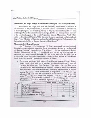 Hadl Pakistan Studiesfor (BS-4years)
Muhammad Ali Bogra's reign as Prime Minister (April 1953 to August 1955)
Muhammad Ali Bogra who was the Phlcistan's Ambassador in the U.S.A
was appointed as the prime minister of Pakistan. He had also served as Ambassador
in Burma (Rangoon) and Canada (Ottawa). In the pre-partitioned days he had also
held the portfolio of finance Minister in Bangal. But he had no significant position
in the Muslim League or the country's politics. General M4hammad Ayub Khan
writes in Friends not Masters, "The Governor General appointed Muhammad Ali
Bogra Prime Minister of Pakistan and number of Nazimuddin's Colleagues in the
Cabinet accepted office in the new Cabinet without demur."
Muhammad Ali Bogra Formula
On 7th
October 1953, Muhammad Ali Bogra announced his constitutional
formula in the constitution Assembly. These proposals are known as ..Muhammad
Ali Bogra Formula." According to G.W. Chaudry, "On his appointment, Prime
Minister Muhammad Ali in 1953 considered it as one of his principal task to
overcome the constitutional deadlock. He was soon successful in achieving a
compromise on the issue of representation between the East and the West Pakistan
in the federal legislature". Its salient features are as follow:
1. The central legislature shall consist oftwo Houses, upper and Lower. In the
upper House, there shall be 50 members distributed among the 5 units of
Pakistan including the East Pal<lstan. That meant that the four west
Pakist.nai Units were to have forty members (ten each) and East Pakistan
was given ten. The lower House shall consist of 300 members to divide
among the same 5 units on the basis of Population. East Pakistan was
allocated 165 seats and the four units of West Pakistan were given 135
seats. When the two houses met together, both the wings had equal
representatives, East �ak.istan lo+l65�175; West Pal<lstan 4o+135=175.
The allocation ofseats m the central legislature was to be as follows.
Sr. No.
I
2
3
4
5
Units
East Pakistan
The Punjab
NWFP and tribal Areas
Sindh and Khairpur
Baluchistan, Baluchistan Sta�es
Union Bahawalpur and Karachi
Total
107
Unoer House
10
10
10
10
10
50
Lower House
165
75
24
19
17
300
Total
175
85
34
29
27
350
 