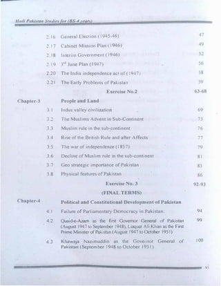 1/{l{fi P11ki.>tta11 St11Jies or (BS-4 ••ear�)
Chapter-3
Chapter-4
2. I 6 General Election ( 1945-46)
�. l 7 Cabinet Mission Plan ( I <J46)
2.18 Interim Government (1946)
2.19 3rd
June Plan ( 1947)
2.20 The India independence act of ( 1947)
2.21 The Early Problems of Pakistan
Exercise No.2
People and Land
3. l Indus valley civilization
3.2 The Muslims Advent in Sub-Continent
3.J Muslim rule in the sub-continent
3.4 Rise of the British Rule and after Affects
3.5 The war of independence (1857)
3.6 Decline of Muslim rule in the sub-continent
3 7 Geo strategic importance of Pakistan
3.8 Physical features of Pakistan
Exercise No. 3
(FINAL TERMS)
Political and Constitutional Development of Pakistan
47
49
52
56
58
59
63-68
69
73
76
77
79
81
83
86
92-93
4.1 Failure of Parliamentary Democracy in Pakistan. 94
4.2 Quaid-e-Azam as the first Governor General of Pakistan 99
(August 1947 to September 1948), Liaquat Ali Khan as the First
Prime Minister of Pakistan (August 1947 to October 1951)
4.3 Khawaja Nazimuddin as the Governor General of I 00
Pakistan (September 1948 to October 195 I )
VI
 