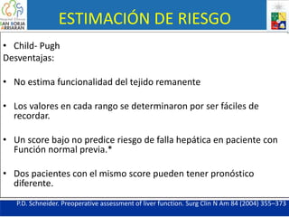 ESTIMACIÓN DE RIESGO
• Child- Pugh
Desventajas:
• No estima funcionalidad del tejido remanente
• Los valores en cada rango se determinaron por ser fáciles de
recordar.
• Un score bajo no predice riesgo de falla hepática en paciente con
Función normal previa.*
• Dos pacientes con el mismo score pueden tener pronóstico
diferente.
P.D. Schneider. Preoperative assessment of liver function. Surg Clin N Am 84 (2004) 355–373
 
