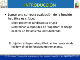 INTRODUCCIÓN
• Lograr una correcta evaluación de la función
hepática es crítico:
– Elegir pacientes candidatos a cirugía
– Determinar la capacidad de “soportar” la cirugía
– Realizar un tratamiento individualizado
El objetivo es lograr el equilibrio entre resección de
tejido y el tejido funcionante remanente.
P.D. Schneider. Preoperative assessment of liver function. Surg Clin N Am 84 (2004) 355–373
 