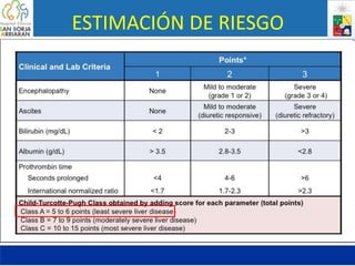 ESTIMACIÓN DE RIESGO
Child- Pugh
• 1964 Estimar riesgo en Cirróticos sometidos a
cirugía para Hipertensión portal.
• 1973 Pugh incluye TTPA
• Evalúa mortalidad a tres meses
 