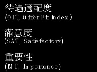 待遇適配度 (OFI, Offer Fit Index ）   滿意度 (SAT, Satisfactory)   重要性 (IMT, Importance) 