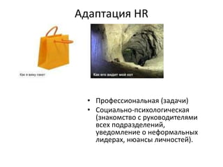 Адаптация HR




  • Профессиональная (задачи)
  • Социально-психологическая
    (знакомство с руководителями
    всех подразделений,
    уведомление о неформальных
    лидерах, нюансы личностей).
 