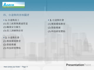 1. 台達與員工 (1) 員工政策與溝通管道 (2) 職業安全衛生 (3) 員工訓練與培育 2. 台達與社會   (1) 推展環境教育 (2) 節能推廣 (3) 科技研發贊助 2. 台達與社會   (1) 推展環境教育 (2) 節能推廣 (3) 科技研發贊助 四、台達與利害相關者 