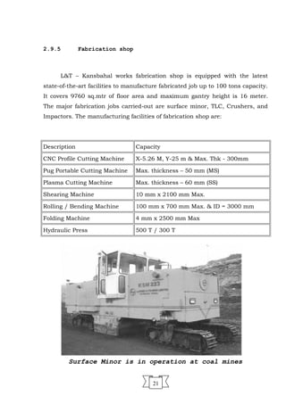 2.9.5 Fabrication shop
L&T – Kansbahal works fabrication shop is equipped with the latest
state-of-the-art facilities to manufacture fabricated job up to 100 tons capacity.
It covers 9760 sq.mtr of floor area and maximum gantry height is 16 meter.
The major fabrication jobs carried-out are surface minor, TLC, Crushers, and
Impactors. The manufacturing facilities of fabrication shop are:
Description Capacity
CNC Profile Cutting Machine X-5.26 M, Y-25 m & Max. Thk - 300mm
Pug Portable Cutting Machine Max. thickness – 50 mm (MS)
Plasma Cutting Machine Max. thickness – 60 mm (SS)
Shearing Machine 10 mm x 2100 mm Max.
Rolling / Bending Machine 100 mm x 700 mm Max. & ID = 3000 mm
Folding Machine 4 mm x 2500 mm Max
Hydraulic Press 500 T / 300 T
Surface Minor is in operation at coal mines
21
 