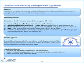 - 43 -
Objective:
Analyzing the past staffing, efforts at project level, unit level, employee level and developing the future requirements for
existing/new projects based on appropriate forecasting techniques.
Case illustrations: Forecasting project specific staff requirements
Explanatory variables:
Information on the below mentioned datum collected over a period of 3 -5 years.
1. Project – <Project specific> Project detail, milestones, staffing efforts, etc.
2. Customer feedback/satisfaction scores – <Project specific> Customer remarks, issues, suggestions, etc.
3. Time sheet – Department, pay grade, unit, region, location, shift, DOJ, RO details, productivity, swipe patterns, etc.
4. Leave – Leave patterns, regularization pattern, outdoor pattern, affinity, ALD, RO details.
5. Performance - Appraisal scores, remarks, achievements, recognition, issues/concerns, negative feedback, pay grade
history, bonus info, project specific info, promotions, etc.
Organizational benefits:
• Forecasting staff requirements, understanding of lean/stressed periods
• Equipping the departments/organization with the necessary staffing requirements well in advance.
• Remove inefficiencies, delay in the project delivery.
Modeling approach:
Structured data mining approach will be adopted based on underlying characteristics of data.
Logistic regression, neural networks, support vector machines, decision trees, random forests,
etc would be administered to arrive at predictive models.
 