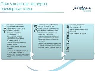 Приглашенные эксперты:
примерные темы
Hard
Основные показатели
деятельности компании
Решения, основанные на
данных / Big Data
Вопросы и практика
организации ОЦО
Как удержать лучших и
расстаться с худшими в
условиях кризиса
Создание корпоративного
университета
Компетенции как сквозной
процесс
Управление эффективностью:
роли и ответственность
Актуальные вопросы трудового
права
Soft
Ассертивность и убеждение
высшего руководства
Как выстроить отношения со
сложными стейкхолдерами
Постановка и достижение
целей в VUCA среде
Работа с запросами бизнеса
Проактивная корпоративная
культура
Особенности русской культуры
управления: существуют ли они
Коучинг как инструмент лидера
Выступающие
Бизнес руководители
Крупнейшие HR
Звезды международного
коучинга
Иностранные эксперты
 