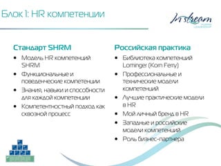 Блок 1: HR компетенции
Стандарт SHRM
•  Модель HR компетенций
SHRM
•  Функциональные и
поведенческие компетенции
•  Знания, навыки и способности
для каждой компетенции
•  Компетентностный подход как
сквозной процесс
Российская практика
•  Библиотека компетенций
Lominger (Korn Ferry)
•  Профессиональные и
технические модели
компетенций
•  Лучшие практические модели
в HR
•  Мой личный бренд в HR
•  Западные и российские
модели компетенций
•  Роль бизнес-партнера
 