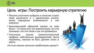 Цель игры: Построить карьерную стратегию
• Многие участники выбрали в качестве старта
свою должность и с удивлением узнали,
какие карьерные возможности у них
имеются.
• Красноречивой обратной связью на игре
было – «У меня есть эта компетенция, но я не
понимаю, что это такое и как это развивать»
• Участники, изучив компетентностный
профиль собственных руководителей, были
поражены, сколько их босс должен знать и
уметь.
«А я его своими мелкими проблемами гружу!»
 