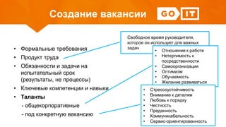 Создание вакансии
• Формальные требования
• Продукт труда
• Обязанности и задачи на
испытательный срок
(результаты, не процессы)
• Ключевые компетенции и навыки
• Таланты
- общекорпоративные
- под конкретную вакансию
Свободное время руководителя,
которое он использует для важных
задач
• Отношение к работе
• Нетерпимость к
посредственности
• Самоорганизация
• Оптимизм
• Обучаемость
• Желание развиваться
• Стрессоустойчивость
• Внимание к деталям
• Любовь к порядку
• Честность
• Преданность
• Коммуникабельность
• Сервис-ориентированность
 