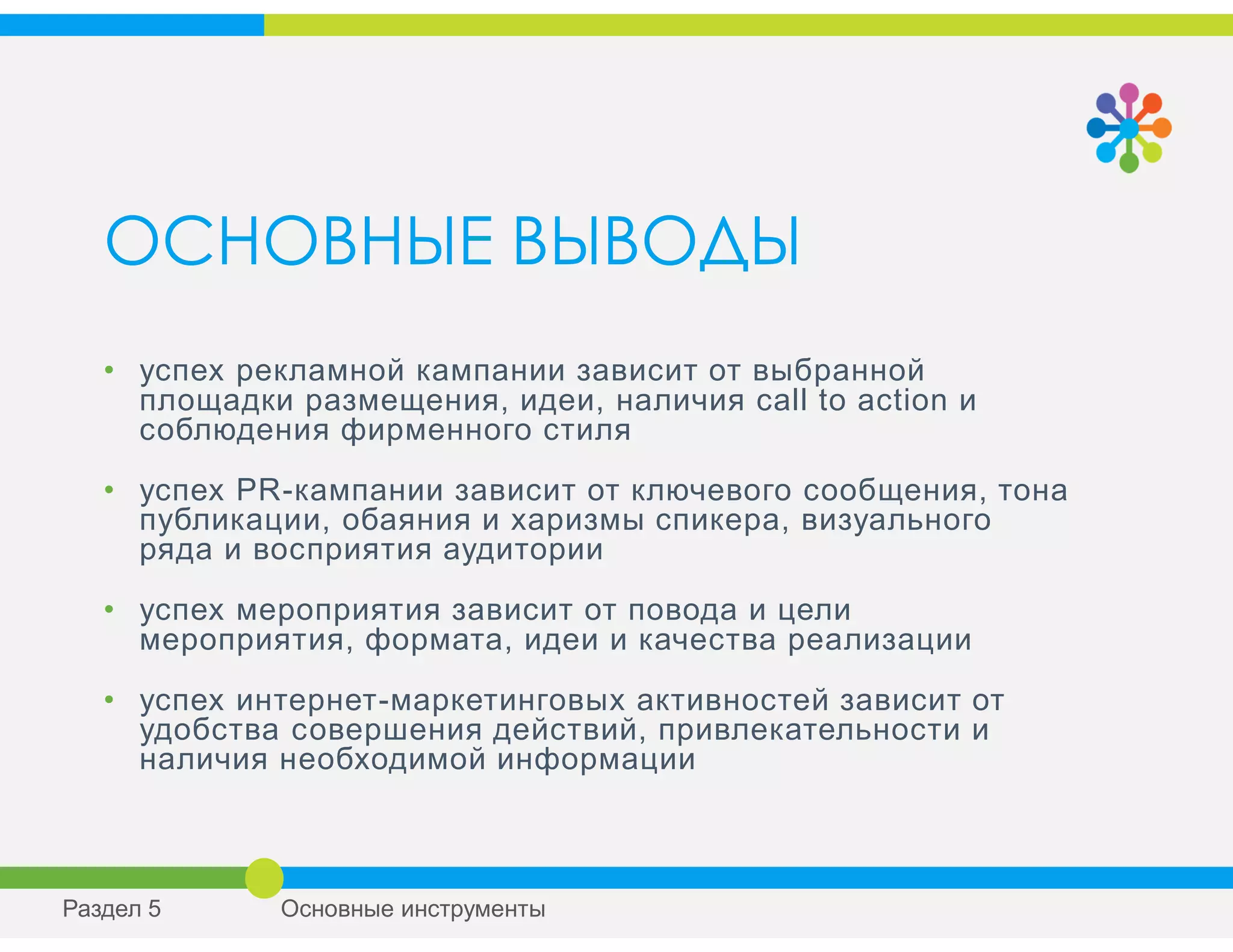 ОСНОВНЫЕ ВЫВОДЫ
• успех рекламной кампании зависит от выбранной
площадки размещения, идеи, наличия call to action и
соблюдения фирменного стиля
• успех PR-кампании зависит от ключевого сообщения, тона
публикации, обаяния и харизмы спикера, визуального
ряда и восприятия аудитории
• успех мероприятия зависит от повода и цели
мероприятия, формата, идеи и качества реализации
• успех интернет-маркетинговых активностей зависит от
удобства совершения действий, привлекательности и
наличия необходимой информации
Раздел 5 Основные инструменты
 