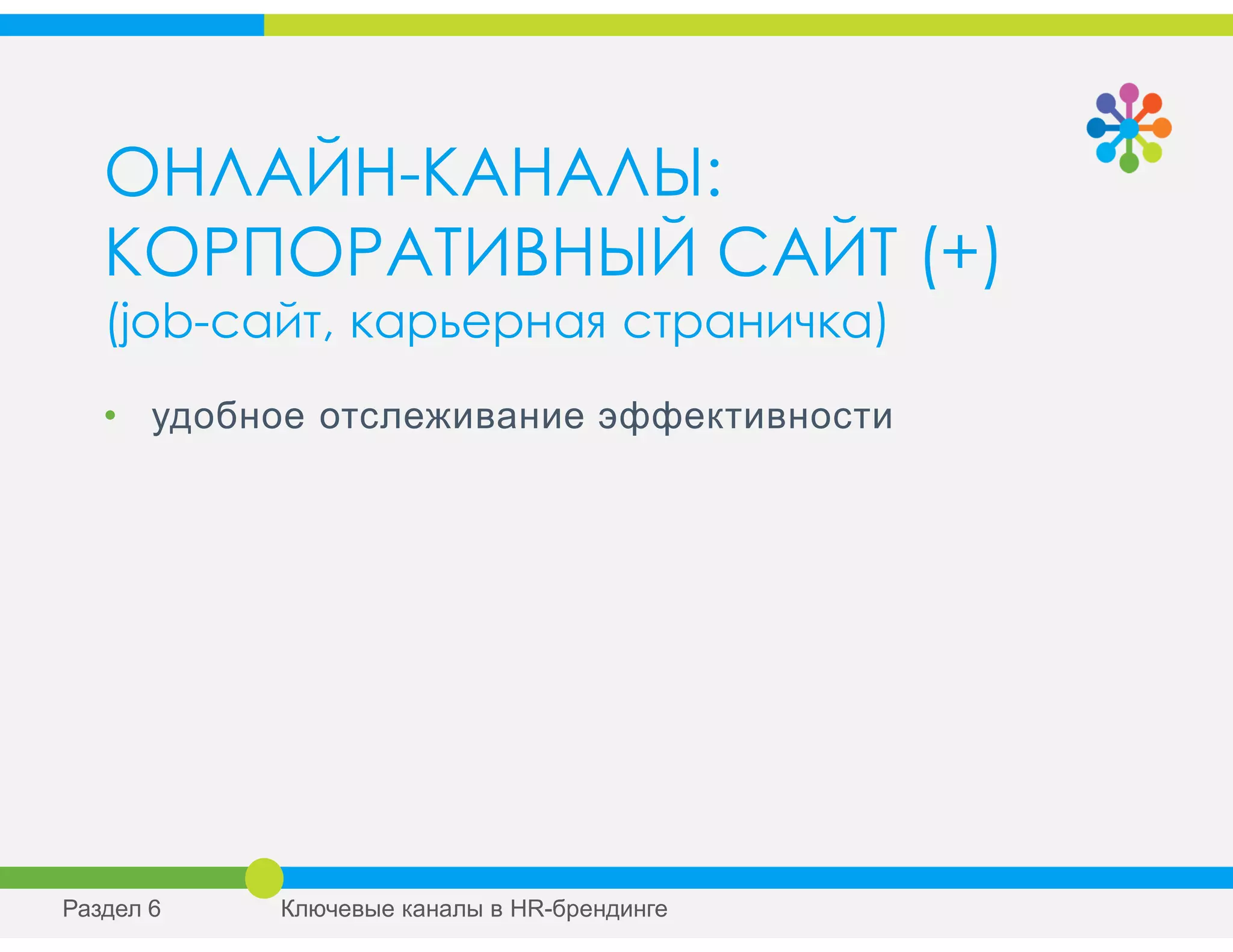 ОНЛАЙН-КАНАЛЫ:
КОРПОРАТИВНЫЙ САЙТ (+)
(job-сайт, карьерная страничка)
• удобное отслеживание эффективности
Раздел 6 Ключевые каналы в HR-брендинге
 