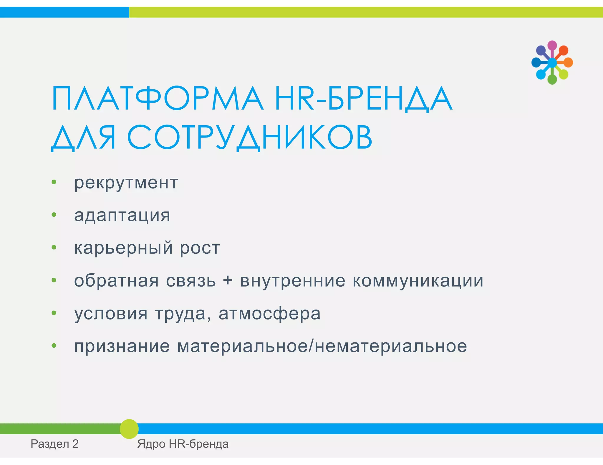 ПЛАТФОРМА HR-БРЕНДА
ДЛЯ СОТРУДНИКОВ
• рекрутмент
• адаптация
• карьерный рост
• обратная связь + внутренние коммуникации
• условия труда, атмосфера
• признание материальное/нематериальное
Раздел 2 Ядро HR-бренда
 