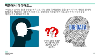 직관에서 데이터로…
구성원과 조직의 성과 향상을 목적으로 사람 관련 의사결정의 질을 높이기 위해 다양한 통계적
방법론을 적용하는 HR 데이터 분석은, 편견이나 직관을 데이터로 보완하여 구성원들을
객관적으로 파악하고자 함
17
데이터 기반의 간결한
메시지를 제공하여
통찰력을 얻을 수
있도록…
 