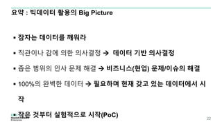 요약 : 빅데이터 활용의 Big Picture
22
 잠자는 데이터를 깨워라
 직관이나 감에 의한 의사결정  데이터 기반 의사결정
 좁은 범위의 인사 문제 해결  비즈니스(현업) 문제/이슈의 해결
 100%의 완벽한 데이터  필요하며 현재 갖고 있는 데이터에서 시
작
 작은 것부터 실험적으로 시작(PoC)
 
